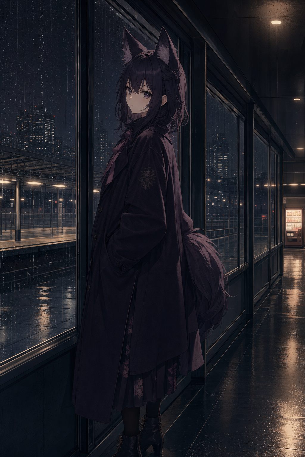 夜晚车站玻璃窗边的二次元狐灵少女主视觉